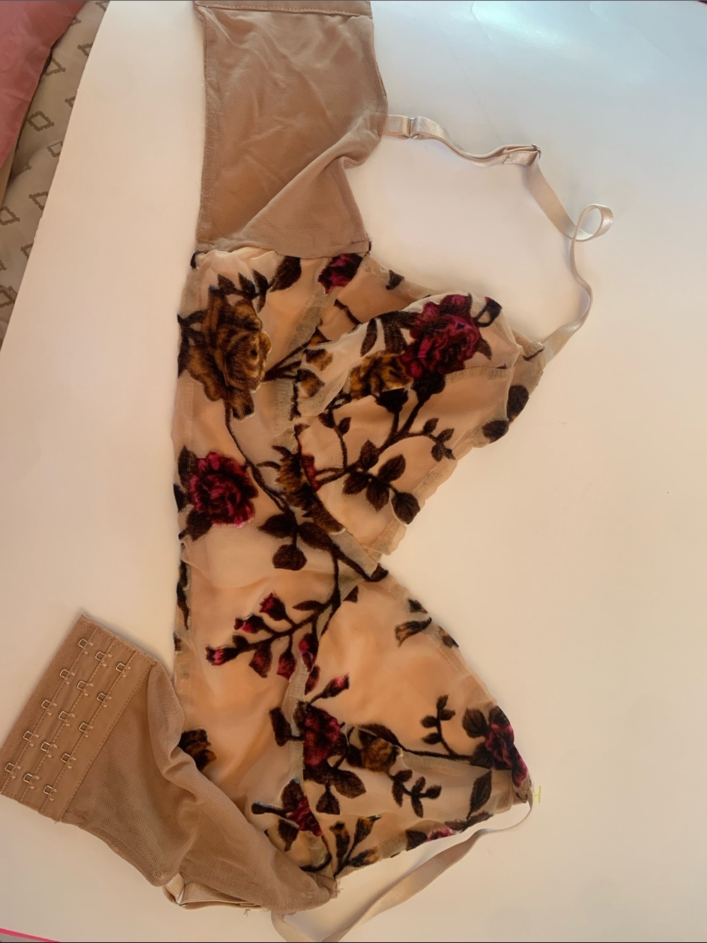 Windsor Floral Velvet Burnout Nude Bodysuit with Burgundy and Olive Flowers